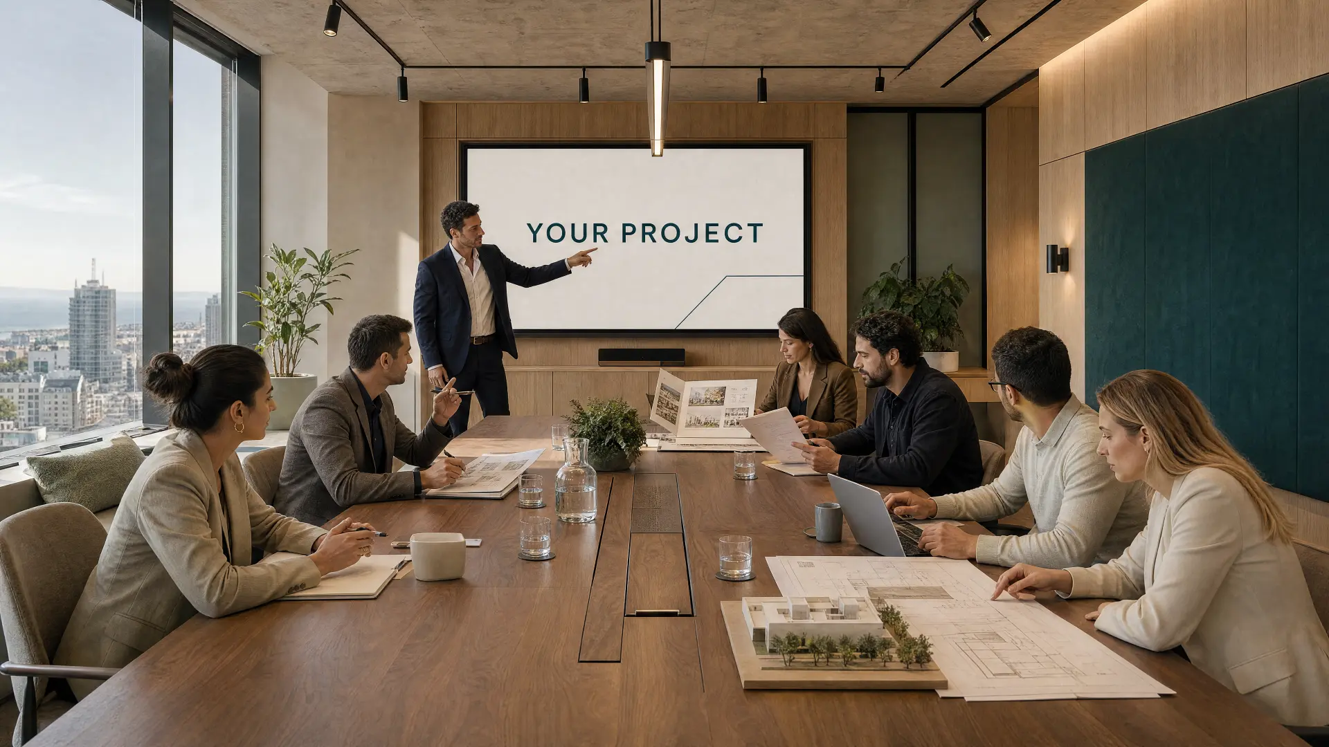 A Manzely team presenting a partner project on a large screen in a warm-lit meeting room with a city view.
