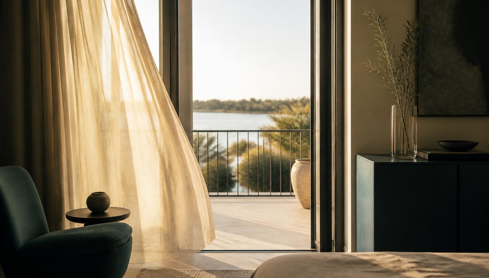 Sunlit Dubai apartment balcony overlooking water, illustrating UAE rental yields